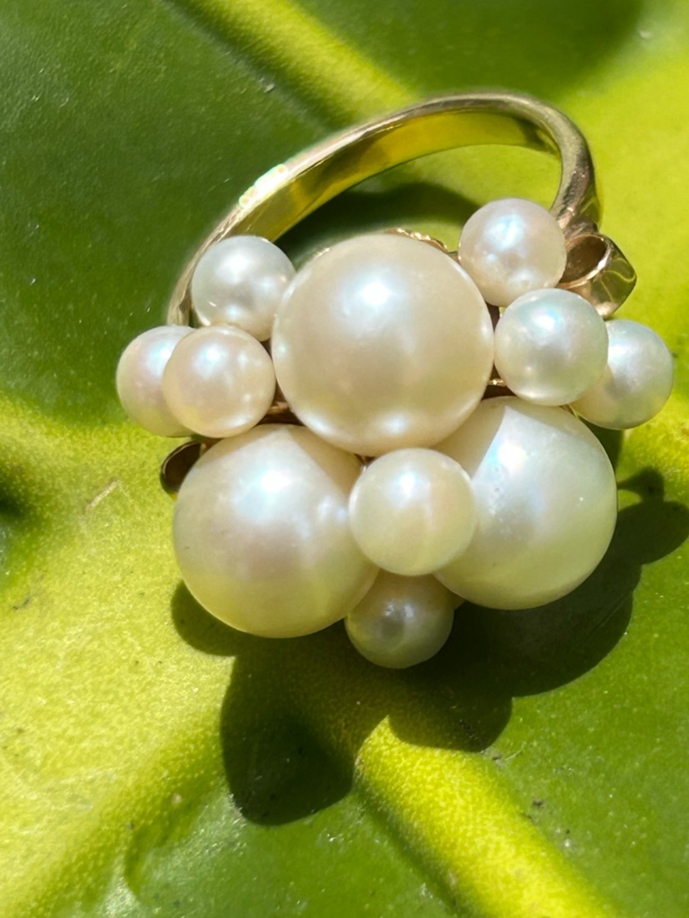 Vintage 14k yellow gold Ming's Honolulu cluster multi akoya pearls  size 5.50